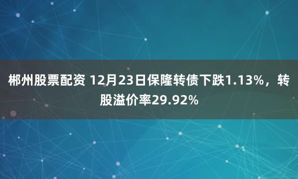 郴州股票配资 12月23日保隆转债下跌1.13%，转股溢价率29.92%